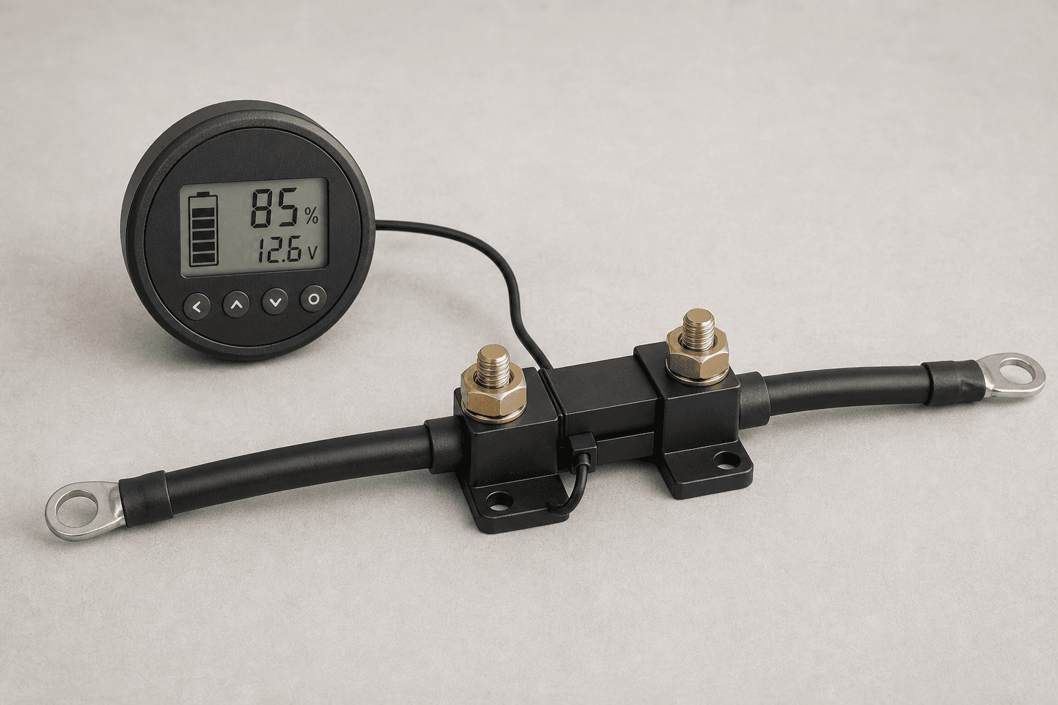 Battery monitor display connected to a smart shunt on the main negative battery cable