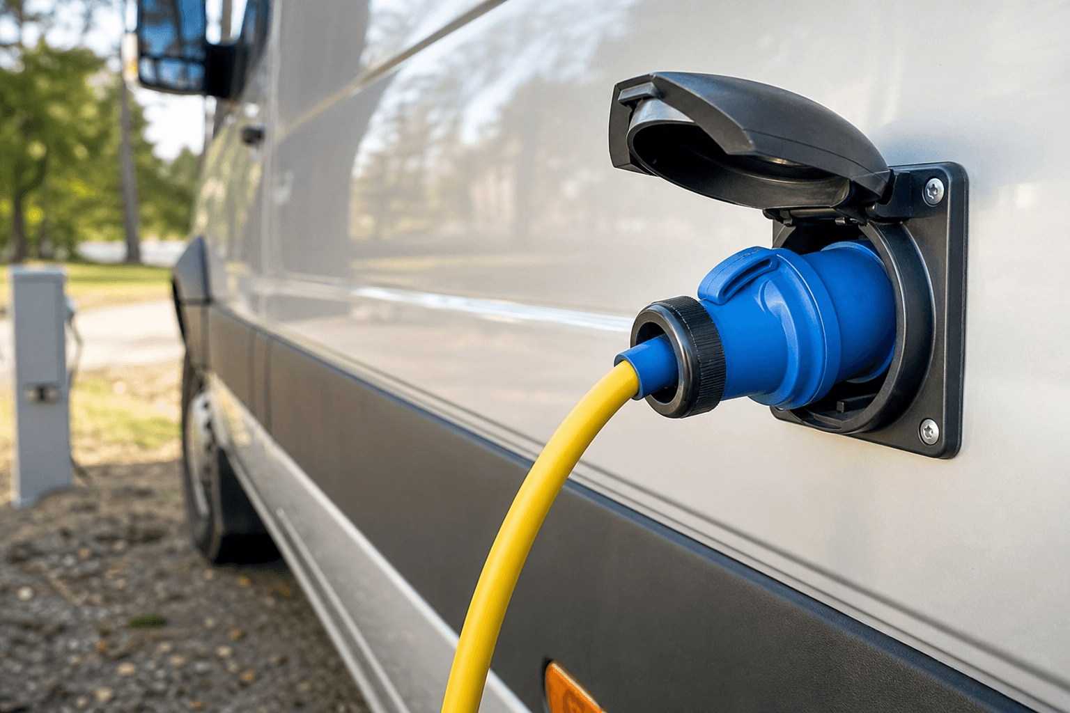 Shore power cable plugged into a campervan inlet