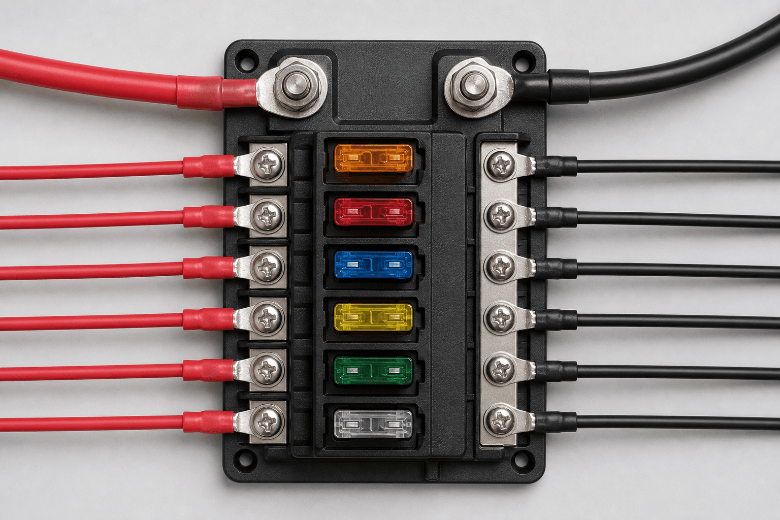 Six-circuit DC fuse block with matching large positive and negative studs, six fuses, six red load wires, and six black return wires