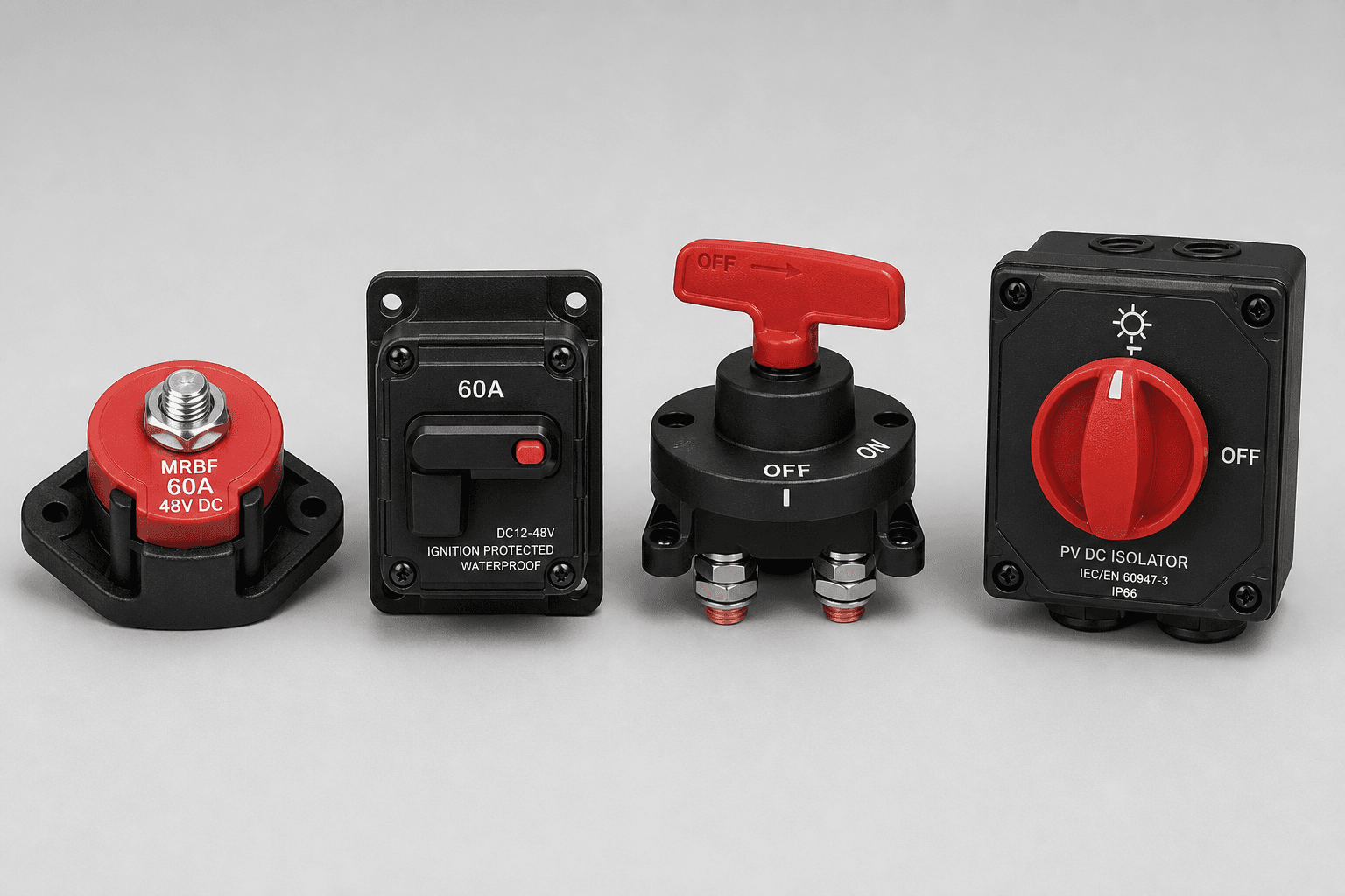 Round MRBF fuse in its holder, a 60A DC circuit breaker, a battery disconnect switch, and a solar PV DC isolator switch box