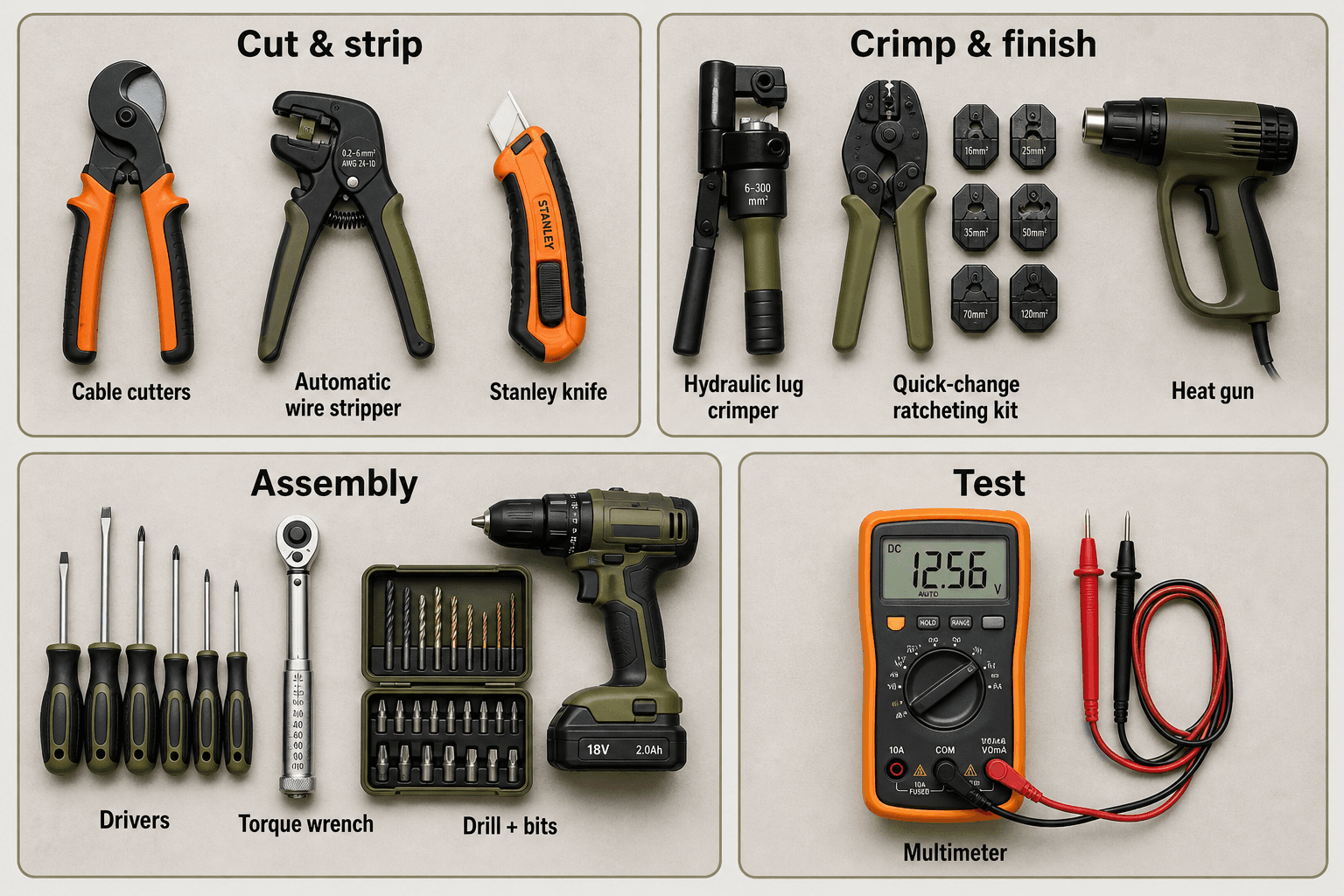 Tools grouped in four categories: Cut & strip — cable cutters, automatic wire stripper, and Stanley knife; Crimp & finish — hydraulic lug crimper, quick-change ratcheting kit, and heat gun; Assembly — drivers, torque wrench, and drill with bits; Test — multimeter