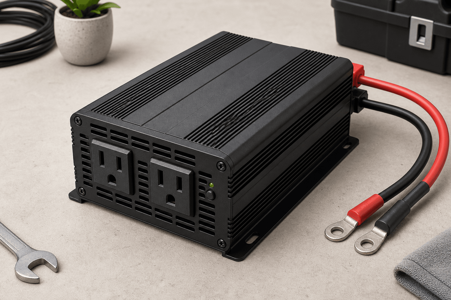 Pure sine wave inverter with AC outlets and thick red and black DC battery cables