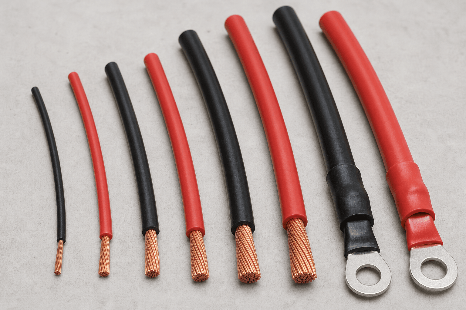 Different thicknesses of red and black campervan cable with copper strands visible