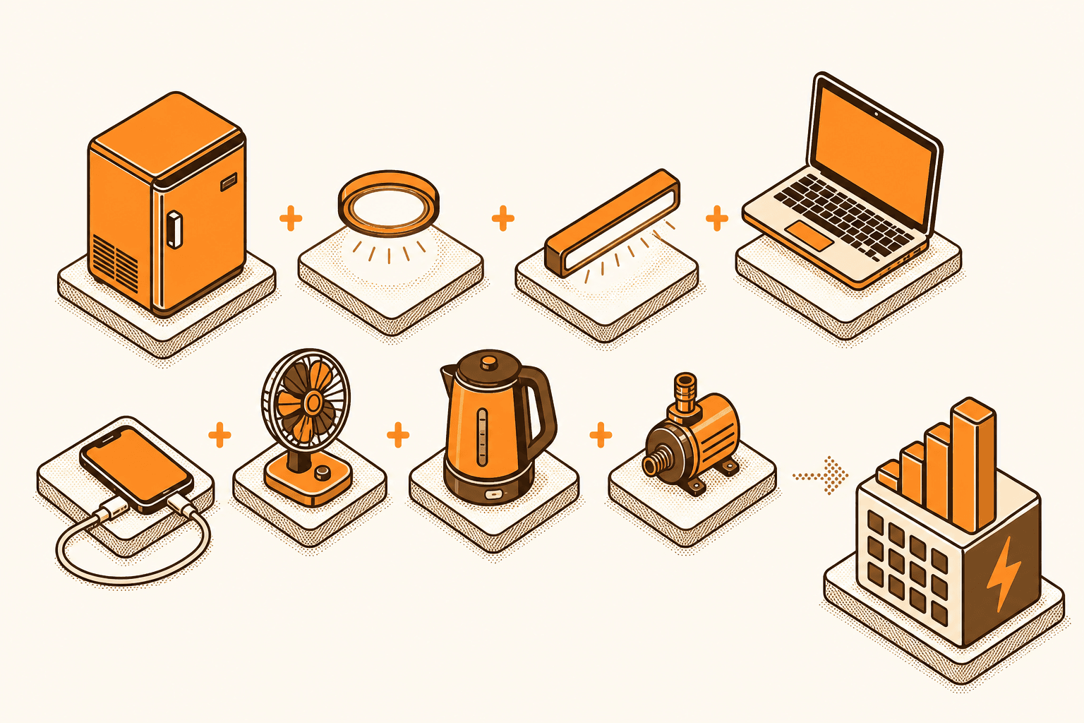 Isometric illustration of campervan appliances—fridge, lights, laptop, phone, fan, kettle, and pump—being added up to a daily energy total