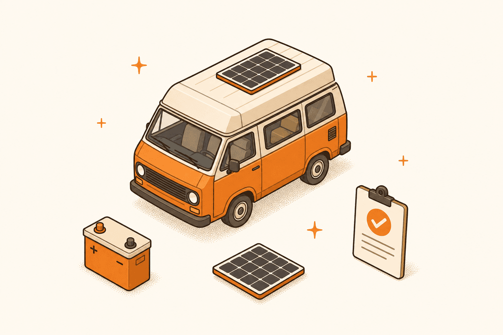 Isometric orange campervan with a roof solar panel, house battery, solar panel, and planning checklist